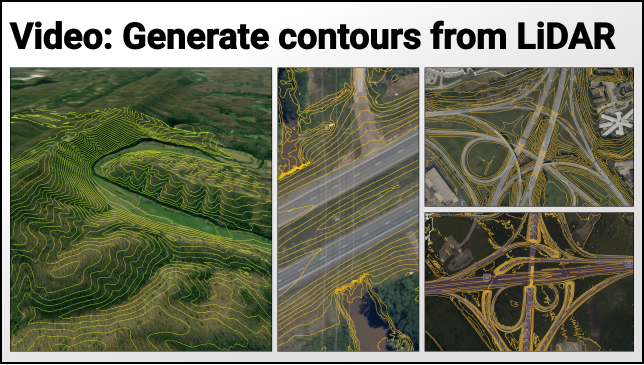 Image shows examples of contours on aerial imagery, links to video about generating contours from LiDAR with Equator