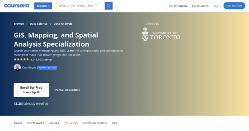 Coursera, University of Toronto's GIS, Mapping, and Spatial Analysis Specialization main page (screenshot)