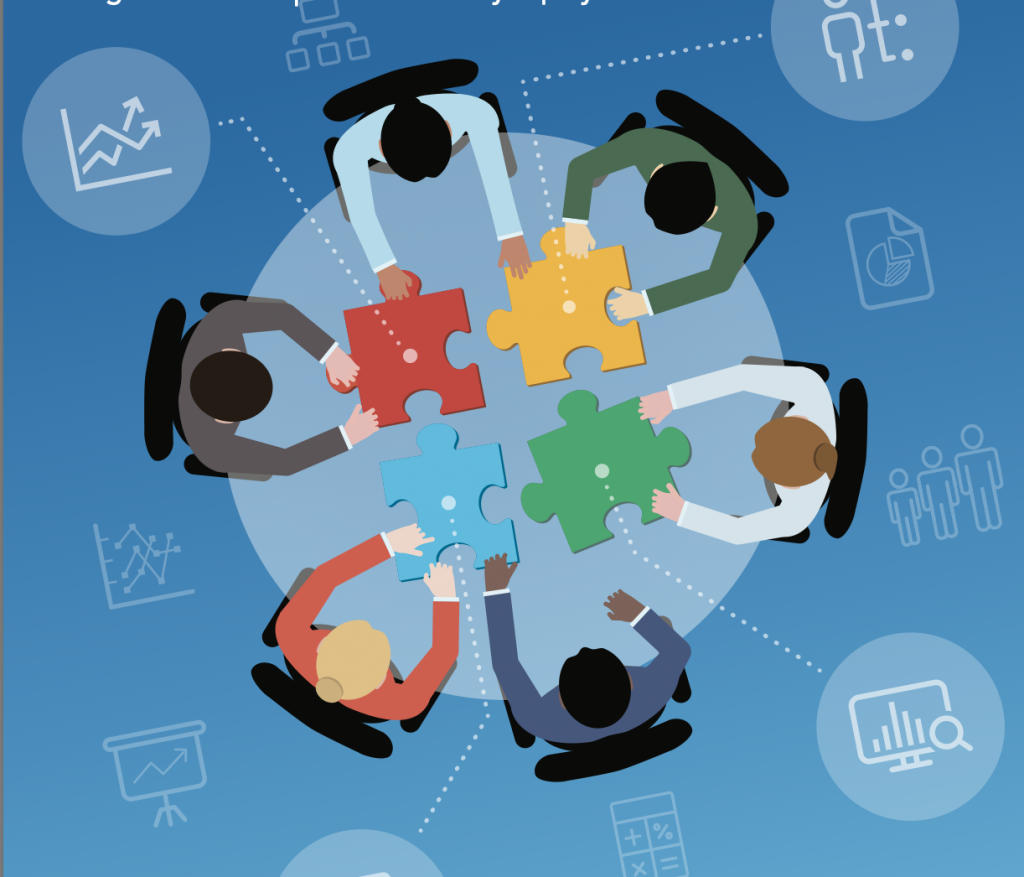 Bird's eye view Illustration of  5 people at a meeting table with jigsaw pieces of data