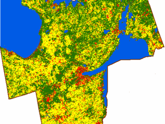 Figure 3: Unsupervised classification result of Simcoe County.|Figure 1: The 2005 greenbelt plan and its inner municipalities. Image courtesy of Friends of the Greenbelt Foundation.|Figure 2: Simcoe County (highlighted in mahogany) in relation to the Greater Golden Horseshoe (GGH). Image courtesy of Open Street Map.|Figure 4: Urban sprawl in the southern half of Simcoe County