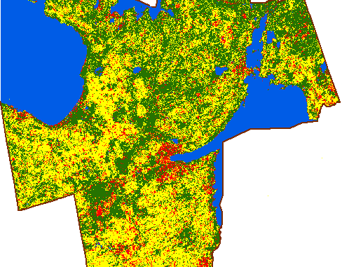 Figure 3: Unsupervised classification result of Simcoe County.|Figure 1: The 2005 greenbelt plan and its inner municipalities. Image courtesy of Friends of the Greenbelt Foundation.|Figure 2: Simcoe County (highlighted in mahogany) in relation to the Greater Golden Horseshoe (GGH). Image courtesy of Open Street Map.|Figure 4: Urban sprawl in the southern half of Simcoe County
