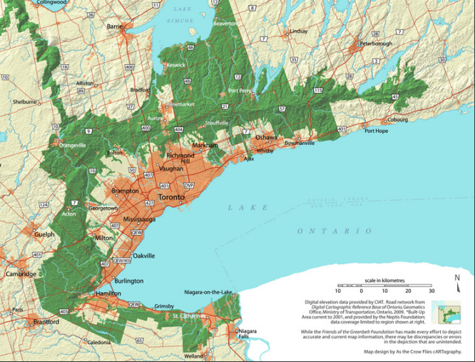 Figure 1: The 2005 greenbelt plan and its inner municipalities. Image courtesy of Friends of the Greenbelt Foundation.