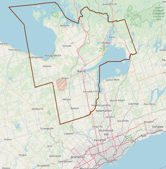 Figure 2: Simcoe County (highlighted in mahogany) in relation to the Greater Golden Horseshoe (GGH). Image courtesy of Open Street Map.