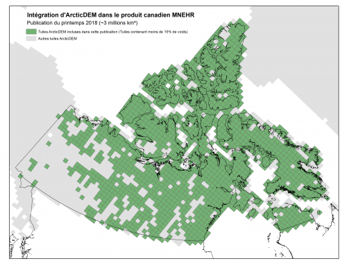 Figure 1. Intégration d’ArcticDEM dans le produit canadien MNEHR; Carte de la publication du printemps 2018. Les tuiles de couleur verte ont moins de 15% de zones sans donnée (i.e. voids) et seront incluses dans cette publication.