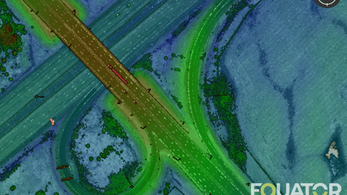 LiDAR scan of highway in Equator|Create Smooth Contours from LiDAR|Create Smooth Contours from LiDAR|Screen showing a search for "Toronto" in Equator