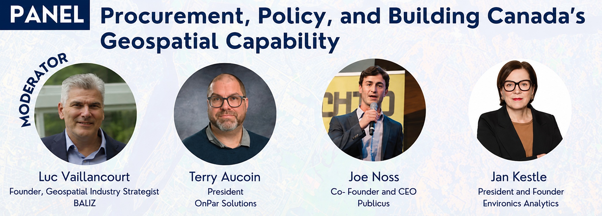 GeoIgnite 2026 panel graphic for Procurement, Policy, and Building Canada's Geospatial Capability