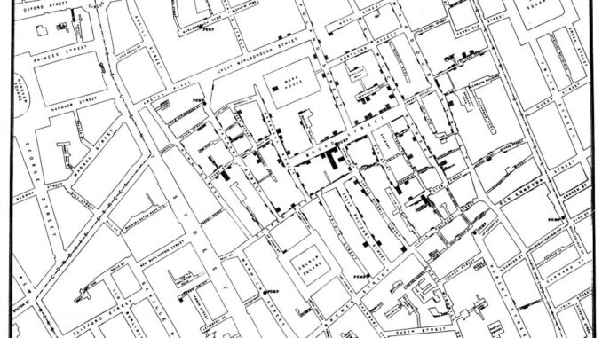 Original map by John Snow showing the clusters of cholera cases in the London epidemic of 1854