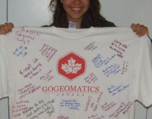 The GoGeomatics Canada T shirt|Cameron Toronto Group Leader GoGeomatics Canada|A full table of geomatics enthusiasts|The GIS Guys|The Niagara gang devouring some snacks|The Niagara GoGeomatics Group Social