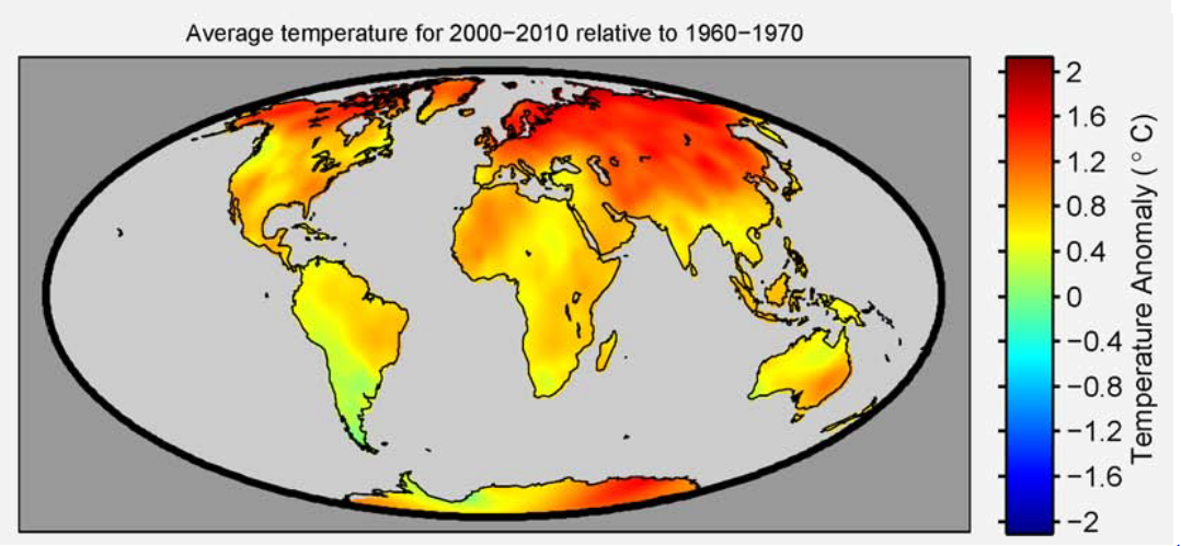 Earth surface temperature 1960-70 compared to 2000-2010 Berkeley Earth Surface Temperature Oct 2011