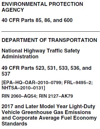 EPA NHSTA Emissions standards for light vehicles