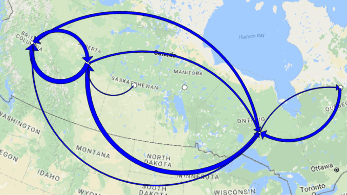 Two way arrows||Flowmapper default arrow style||Buffers at ends of arrows||Arrows themed by magnitude of flow|Polygon centroids tool|Provinces|Flow type Two Way||Flowmapper with flow type NET