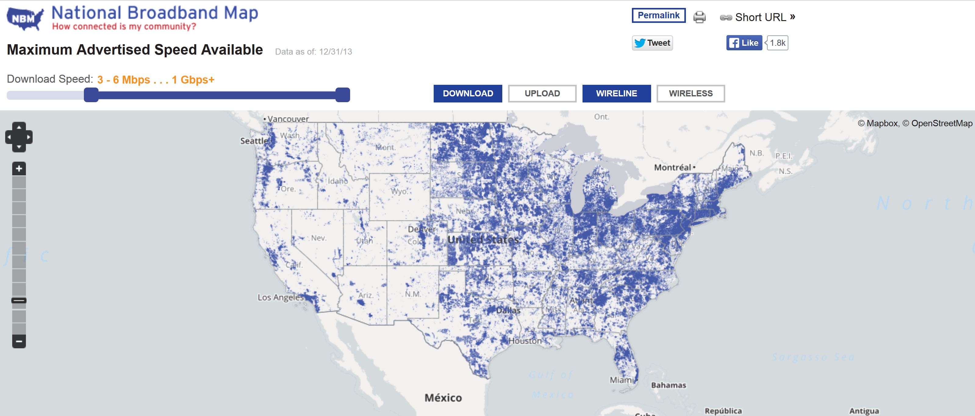 National Broadband Map availability of maximum speed US