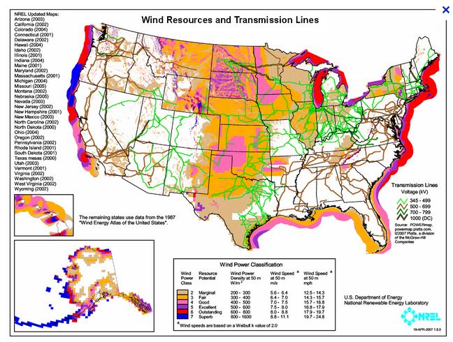 Wind resources and transmission lines US NREL 2